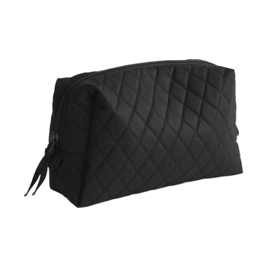 Black quilted zippered cosmetic pouch