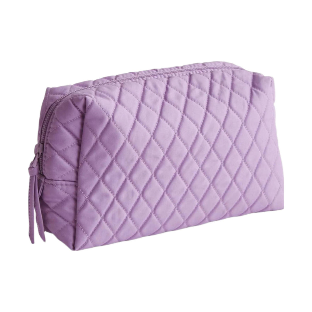 Light purple quilted zip pouch with a rectangular shape