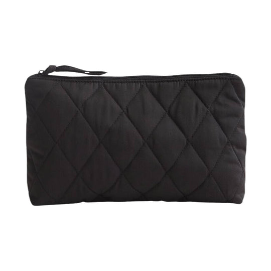Black quilted zip pouch with a wrist strap