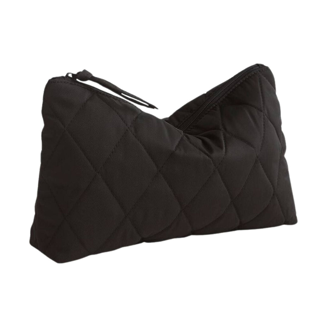 Black quilted zip pouch with a soft rectangular shape and rounded corners