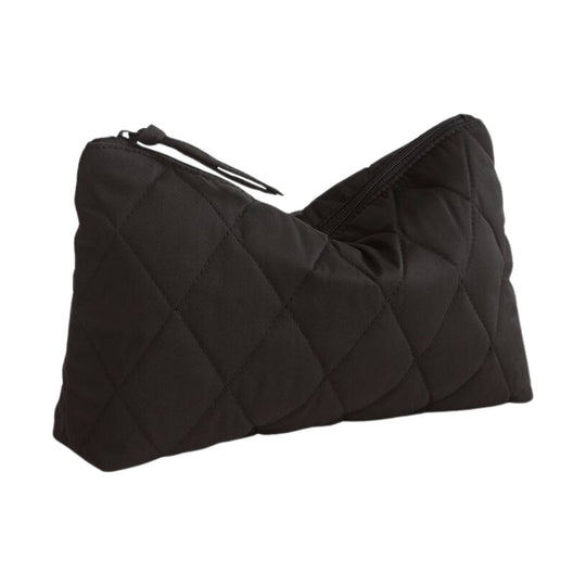 Black quilted zip pouch with a soft rectangular shape and rounded corners
