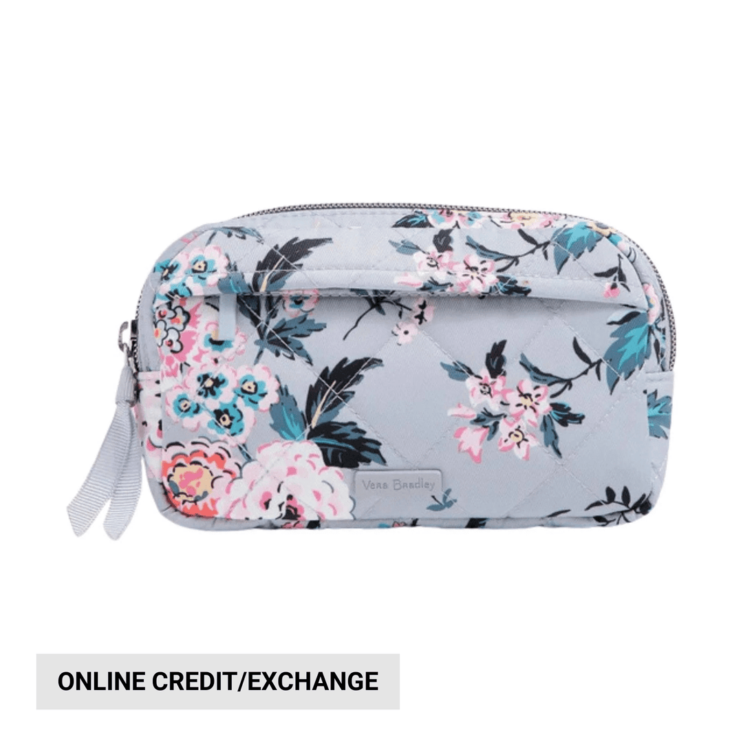 Quilted floral mini belt bag in light gray with a top zipper, front pocket, and wrist strap