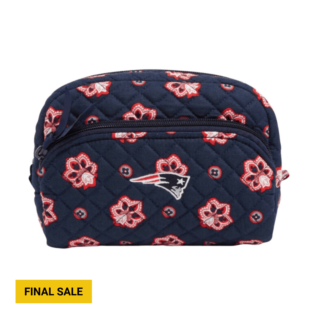Quilted navy cosmetic pouch with red floral print and a small Patriots logo.