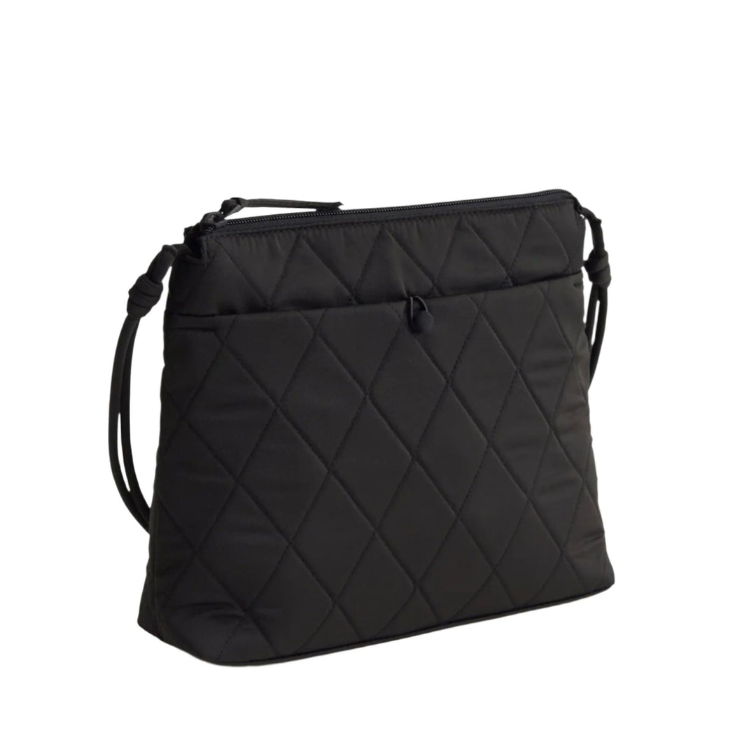 Black quilted crossbody bag with top zipper and adjustable strap