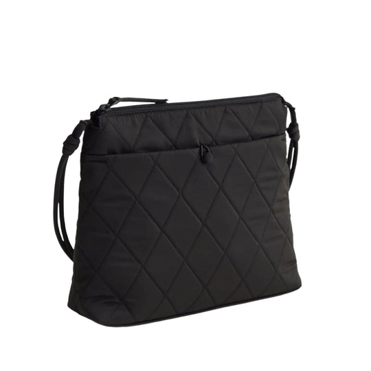 Black quilted crossbody bag with top zipper and adjustable strap