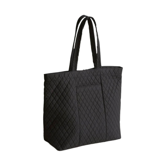 Black quilted tote bag with long handles and a front pocket