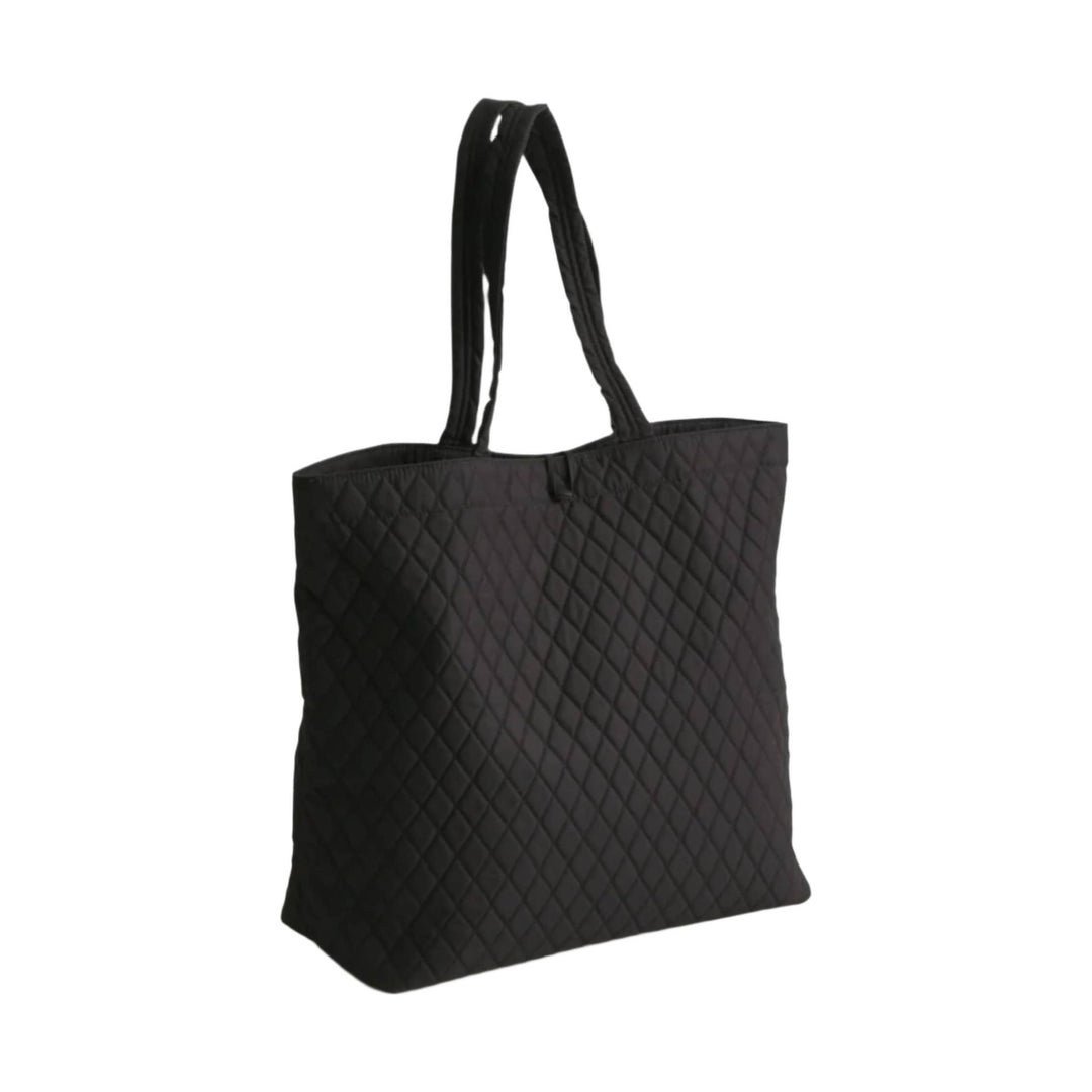 Black quilted tote bag with long shoulder straps