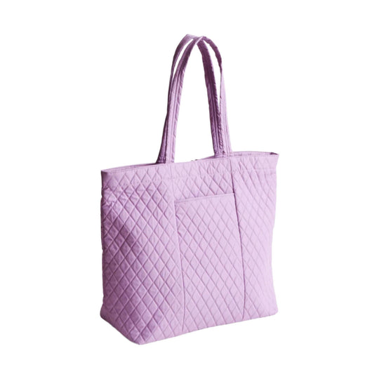 Lavender quilted tote bag with long handles and front pocket