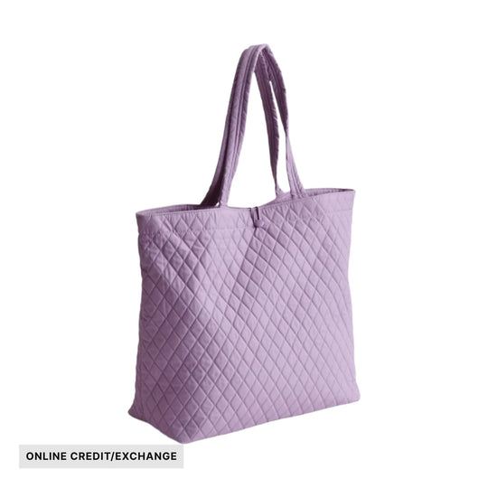 Quilted lavender tote bag with long shoulder straps and visible ONLINE CREDIT/EXCHANGE label