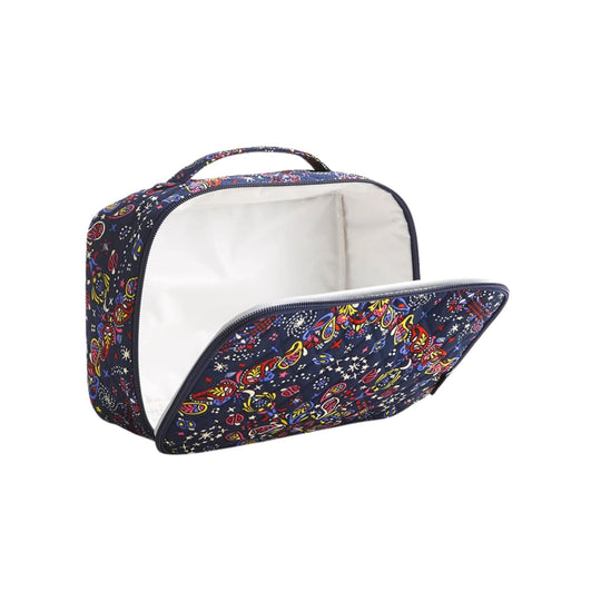 Foldable rectangular lunch bag with navy patterned exterior and white insulated interior, shown open