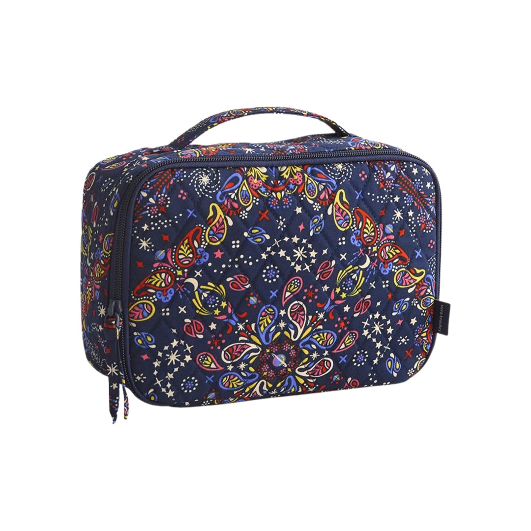 Quilted navy rectangular lunch bag with multicolor paisley and star print, zip-around closure, and top handle
