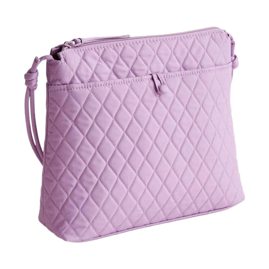 Light lavender quilted crossbody pouch with zip top and front slip pocket