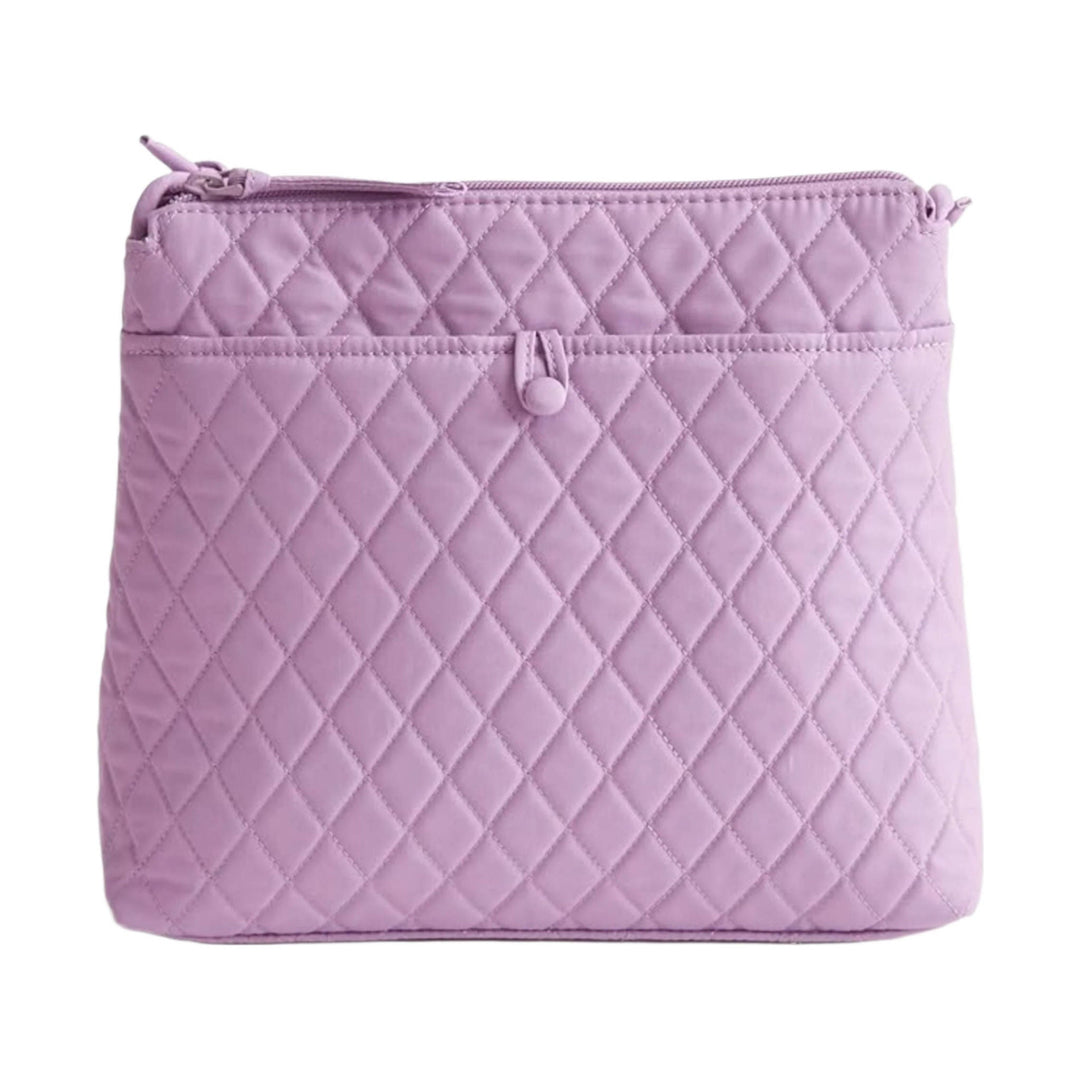 Lavender quilted zip pouch with diamond stitching and a front slip pocket