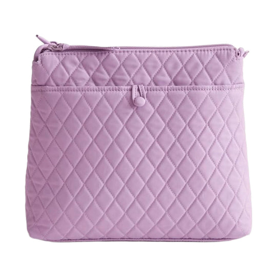 Lavender quilted zip pouch with diamond stitching and a front slip pocket