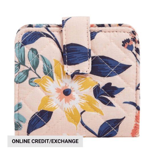 Quilted floral small wallet with snap tab closure