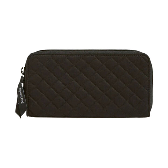 Black quilted zip-around wallet with a side wrist strap and hanging brand tag