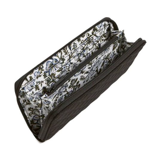 Open black zip-around wallet with floral patterned lining and multiple interior card slots