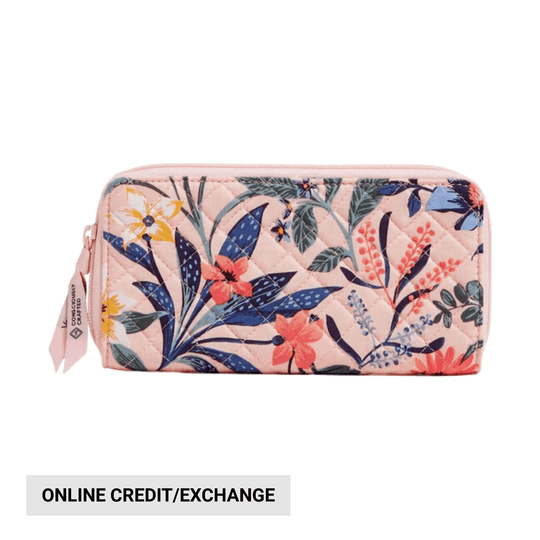 Quilted pink floral wallet with a wrist strap