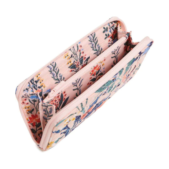 Pink floral zip-around wallet with multiple accordion compartments