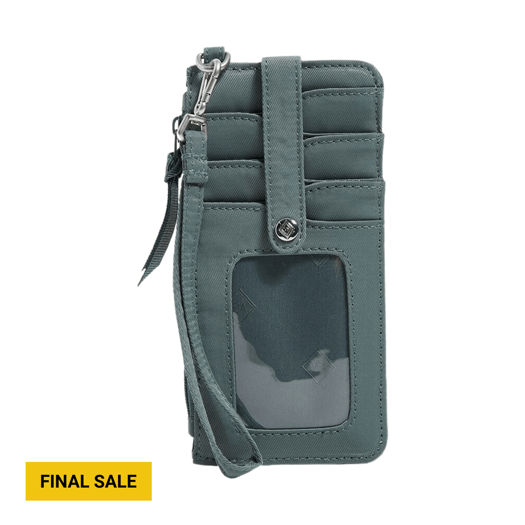 Teal RFID card case with clear ID window, front card slots, and a wrist strap