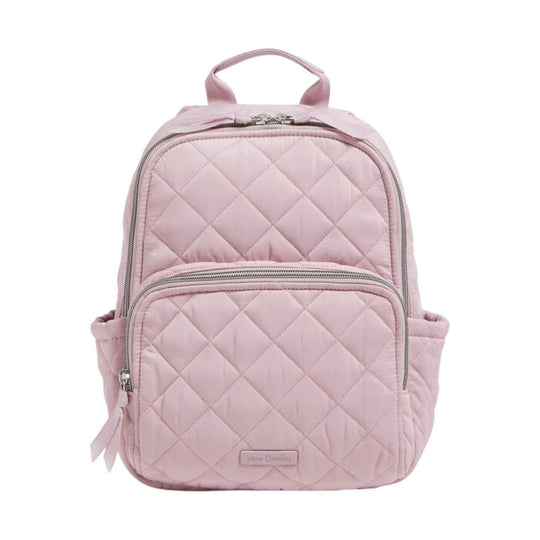 Light pink quilted backpack with front zip pocket and side bottle pockets