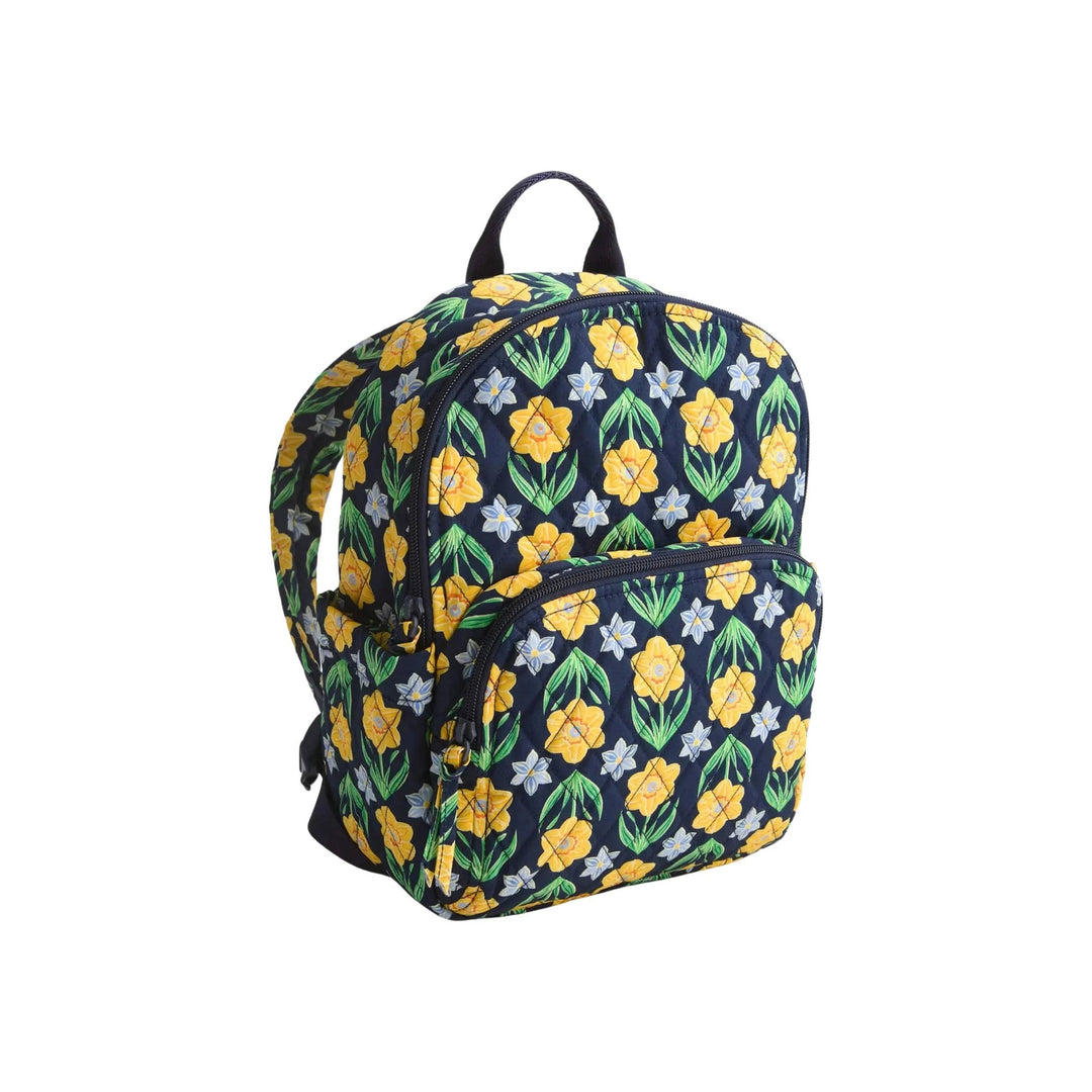 Navy floral backpack with front zipper pocket and top handle