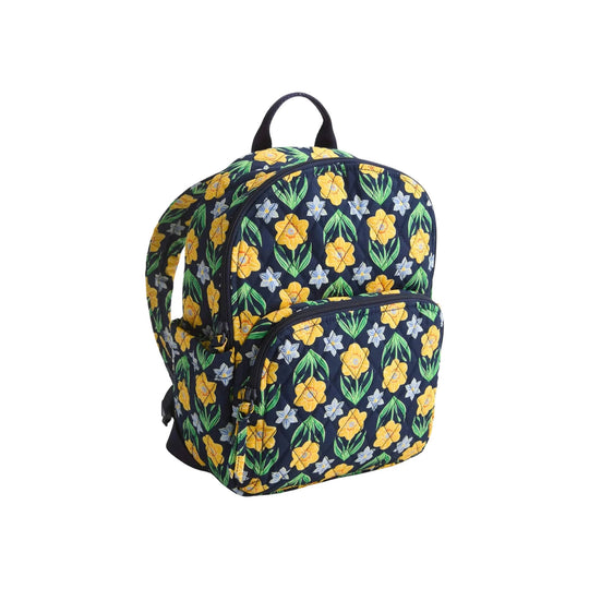 Navy floral backpack with front zipper pocket and top handle