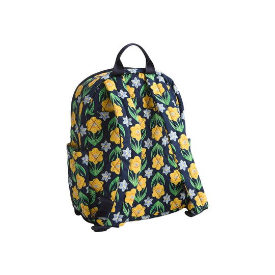 Floral-patterned small backpack with black straps and top handle