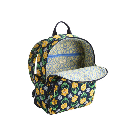 Floral backpack with open front pocket, patterned lining, and top handle