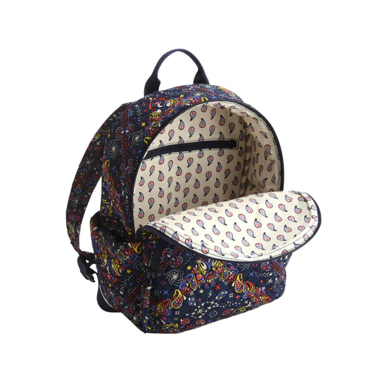 Small patterned backpack with a front zip pocket, open main compartment, and cream paisley lining