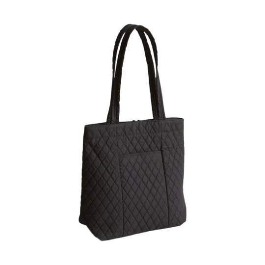 Black quilted tote bag with long handles and a front pocket