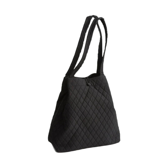 Black quilted tote bag with long shoulder straps