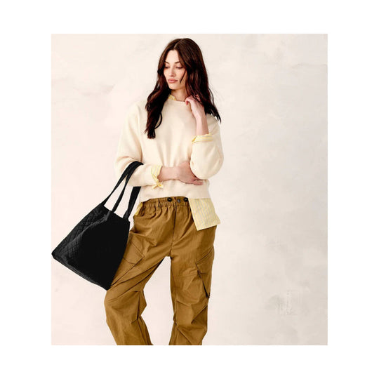 Black quilted tote bag with double shoulder straps