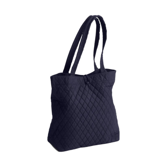 Dark navy quilted tote bag with long shoulder straps on a white background