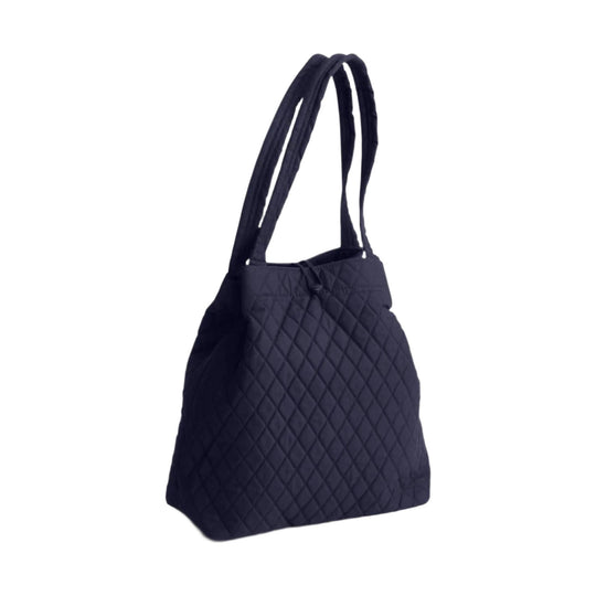Navy quilted tote bag with long shoulder straps