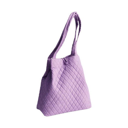 Lavender quilted tote bag with long shoulder straps