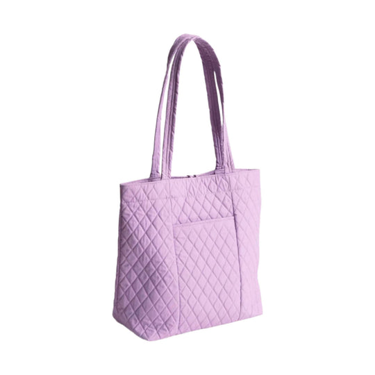Light purple quilted tote bag with long shoulder straps and a front slip pocket