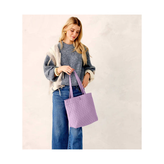 Lavender quilted tote bag with matching shoulder straps