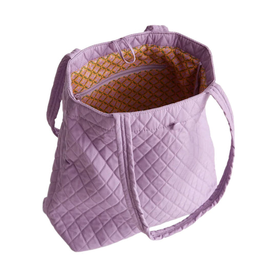 Quilted light purple tote bag with shoulder straps and patterned lining, open top view