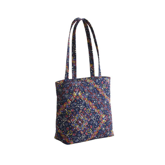 Navy patterned zip tote bag with long shoulder straps