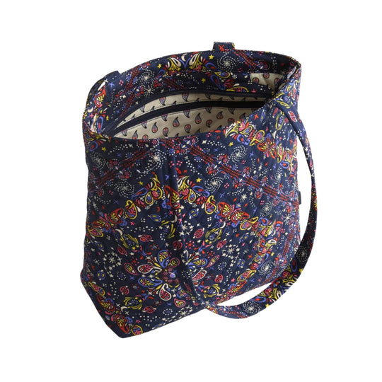 Navy patterned zip tote bag with an open top and shoulder strap