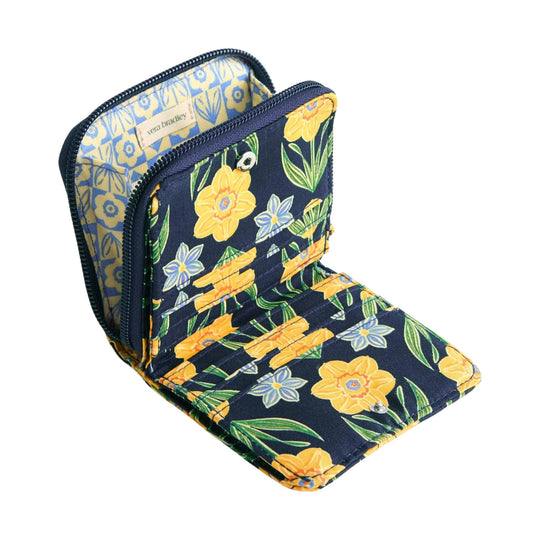 Floral zip-around tri-fold wallet with navy exterior and blue patterned interior