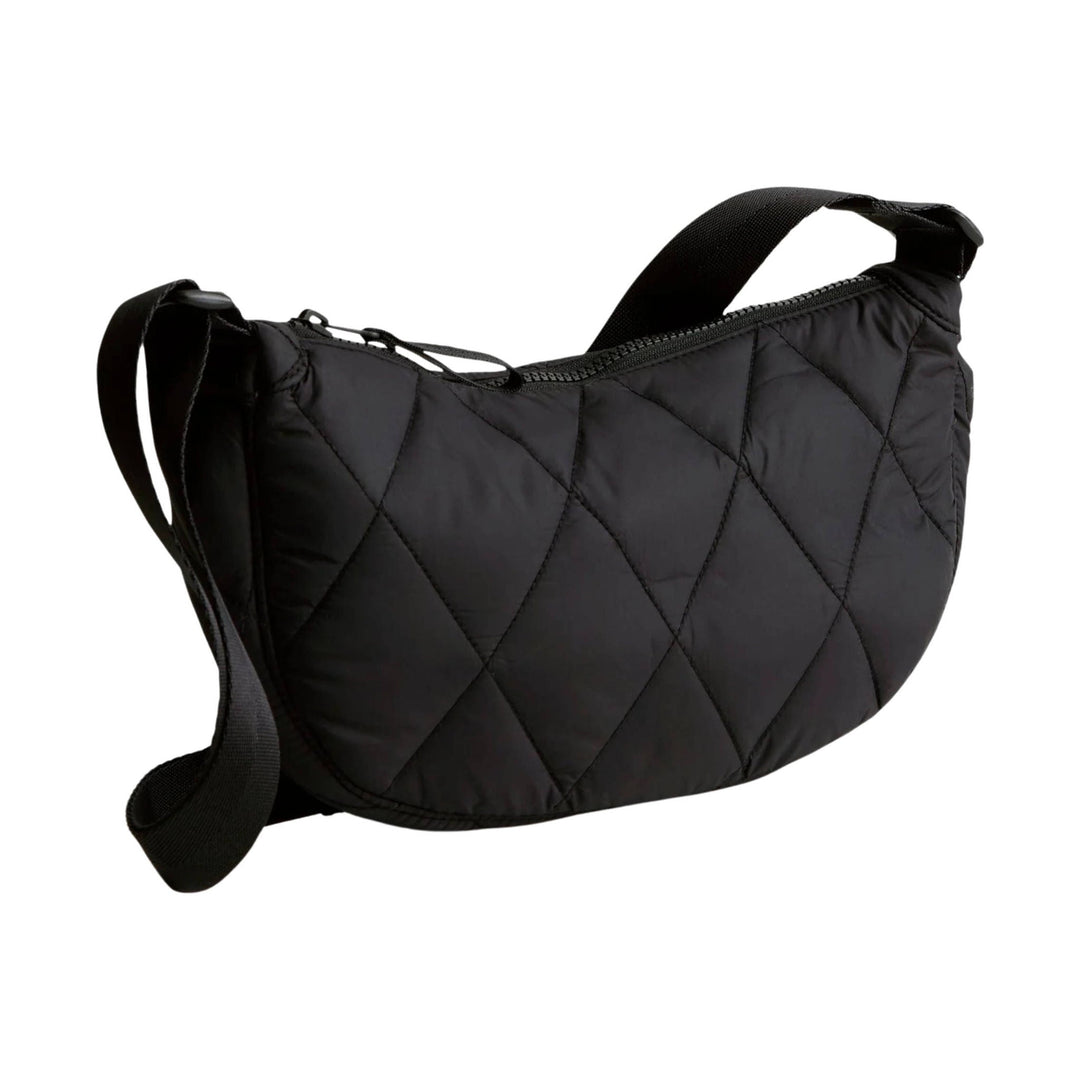 Black quilted sling crossbody bag with a top zipper and adjustable shoulder strap