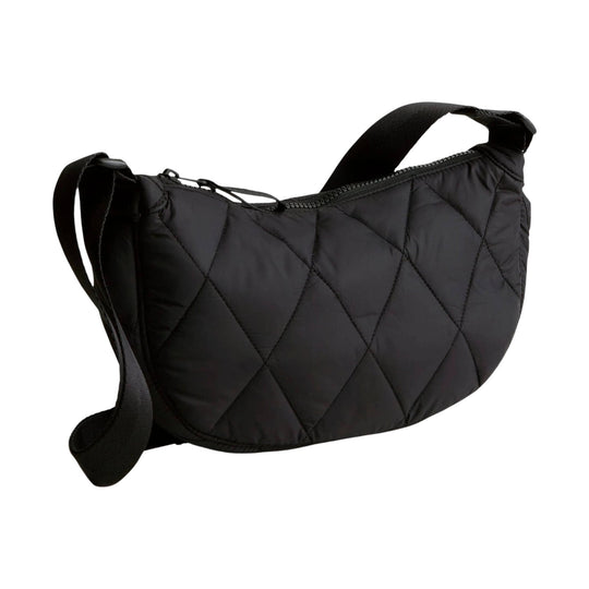 Black quilted sling crossbody bag with a top zipper and adjustable shoulder strap
