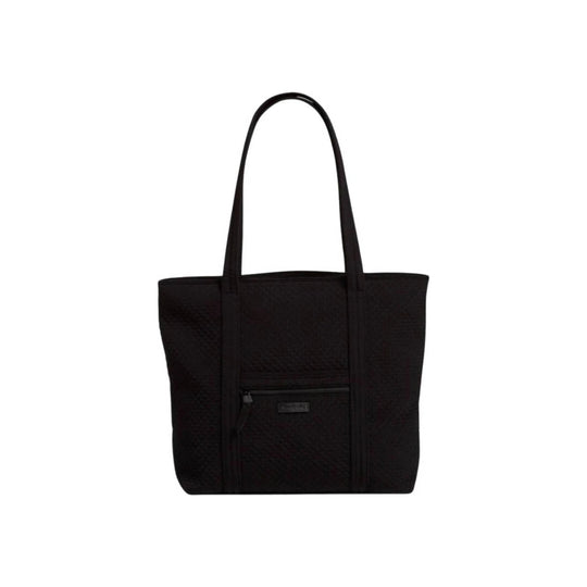 Black quilted tote bag with long shoulder straps and a front zip pocket