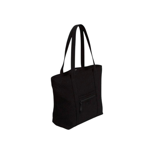 Black tote bag with long shoulder straps and a front zip pocket