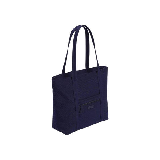 Dark navy textured tote bag with long shoulder straps and a front zip pocket