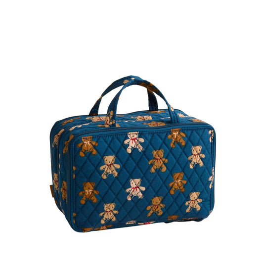 Blue quilted rectangular travel case with teddy bear print and two handles