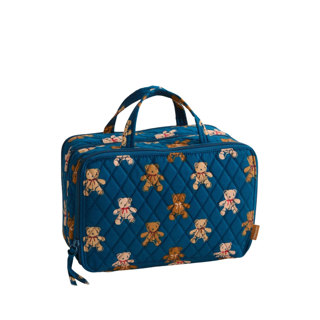 Blue quilted travel case with teddy bear print, top handles, and double zippers