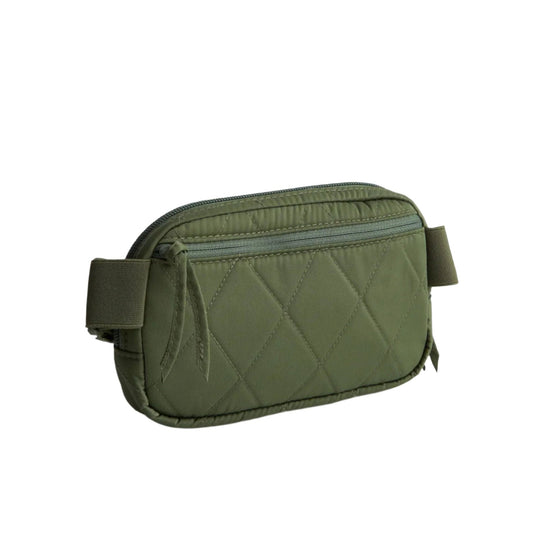 Olive quilted belt bag with top zipper and front zip pocket